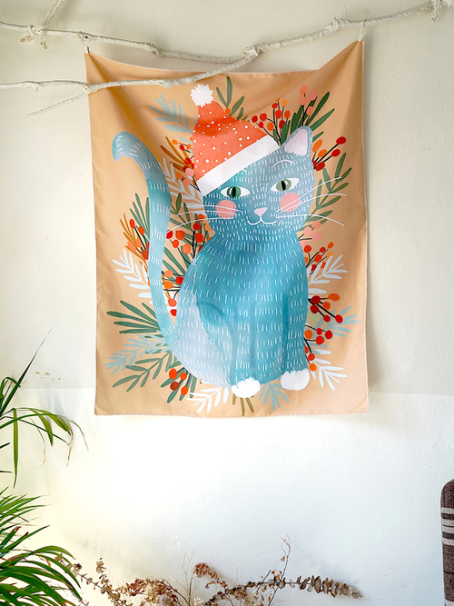 블랑쉬 귀여운 산타 고양이 크리스마스 패브릭 포스터 73x95